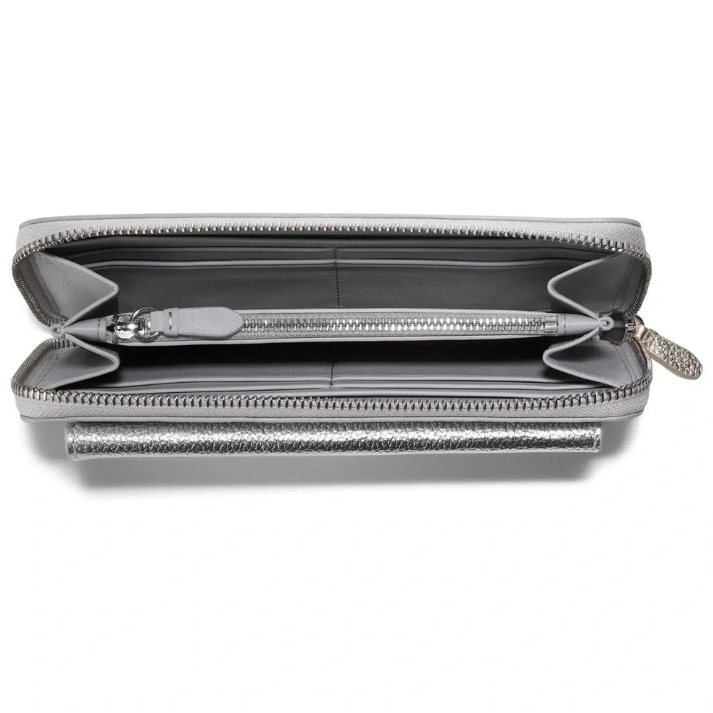 COLE HAAN TOWN CONTINENTAL ZIP AROUND LEATHER WALLET SILVER / GOLD METALLIC NEW